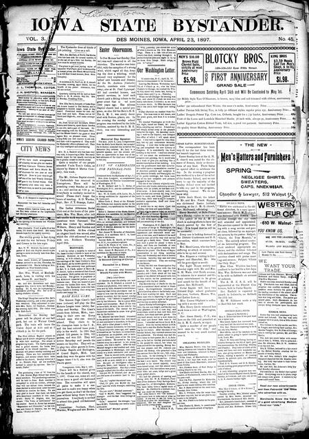 Iowa state bystander. volume 3, number 45, April 23, 1897