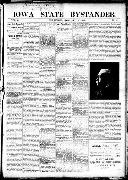 Iowa state bystander. volume 4, number 6, July 16, 1897
