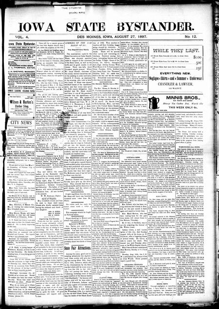Iowa state bystander. volume 4, number 12, August 27, 1897