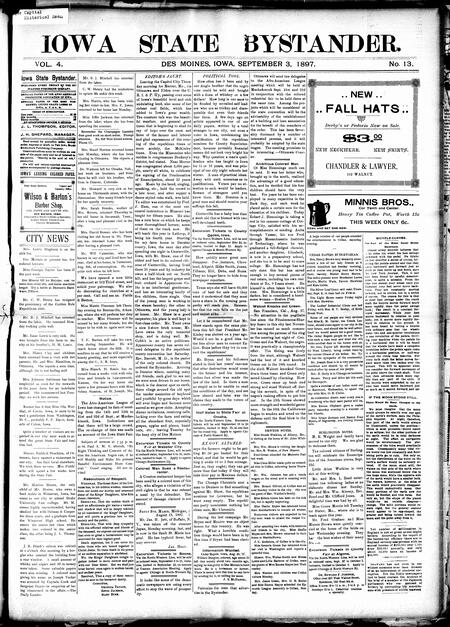 Iowa state bystander. volume 4, number 13, September 3, 1897