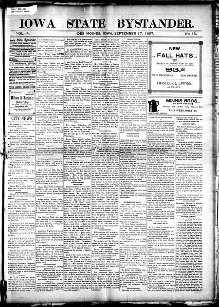 Iowa state bystander. volume 4, number 15, September 17, 1897