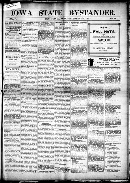 Iowa state bystander. volume 4, number 16, September 24, 1897
