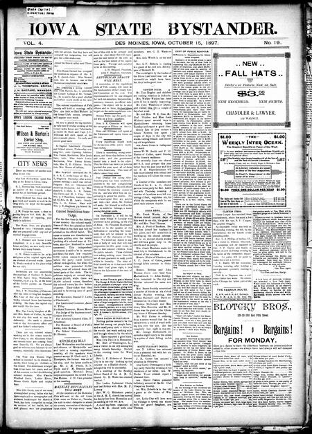 Iowa state bystander. volume 4, number 19, October 15, 1897