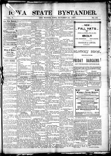 Iowa state bystander. volume 4, number 20, October 22, 1897