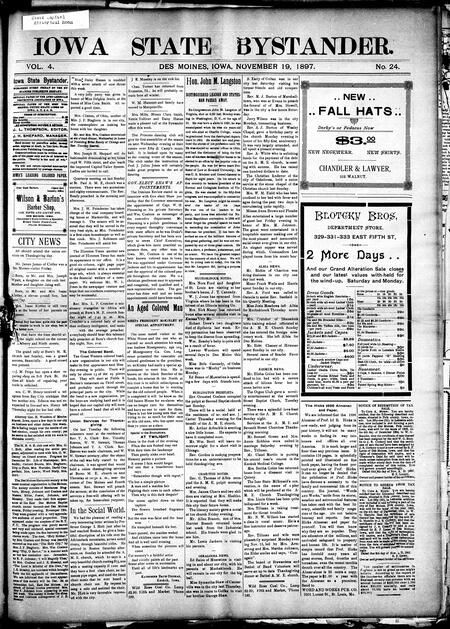 Iowa state bystander. volume 4, number 24, November 19, 1897
