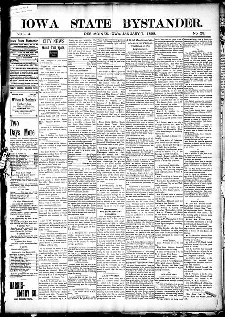 Iowa state bystander. volume 4, number 29, January 7, 1898