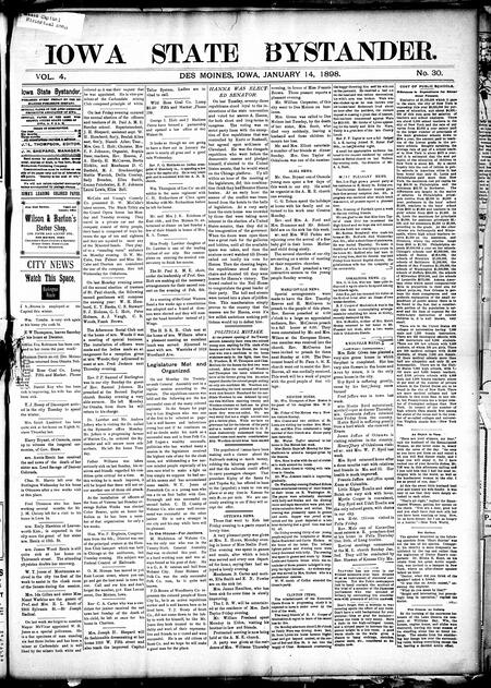 Iowa state bystander. volume 4, number 30, January 14, 1898