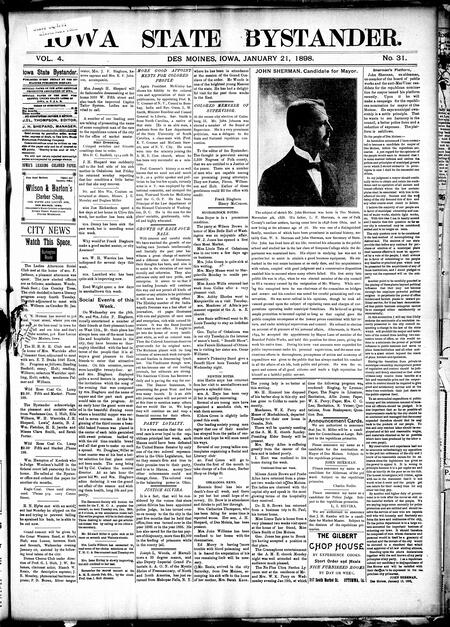 Iowa state bystander. volume 4, number 31, January 21, 1898
