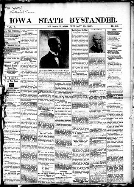 Iowa state bystander. volume 4, number 36, February 25, 1898