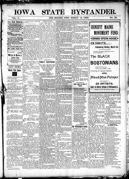 Iowa state bystander. volume 4, number 39, March 18, 1898