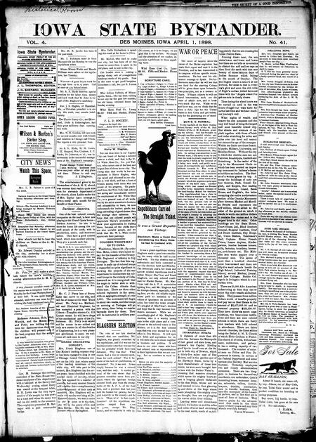 Iowa state bystander. volume 4, number 41, April 1, 1898
