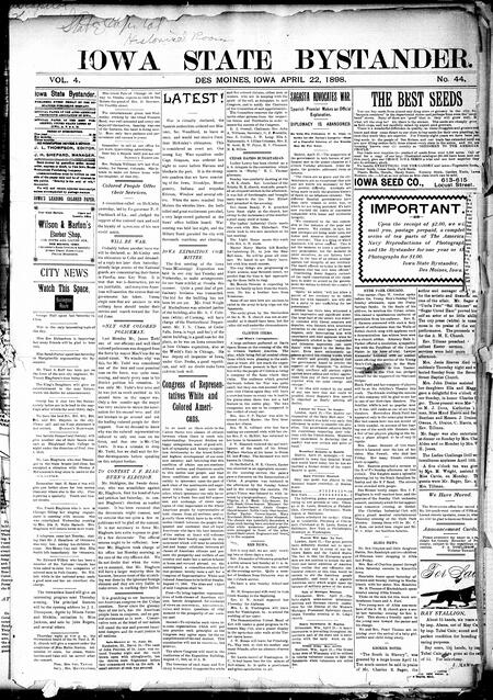 Iowa state bystander. volume 4, number 44, April 22, 1898
