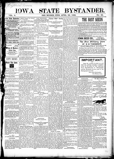 Iowa state bystander. volume 4, number 45, April 29, 1898