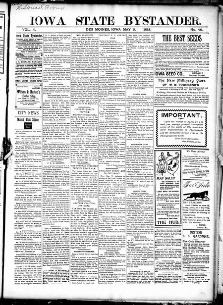 Iowa state bystander. volume 4, number 46, May 6, 1898