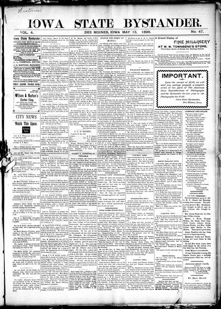 Iowa state bystander. volume 4, number 47, May 13, 1898