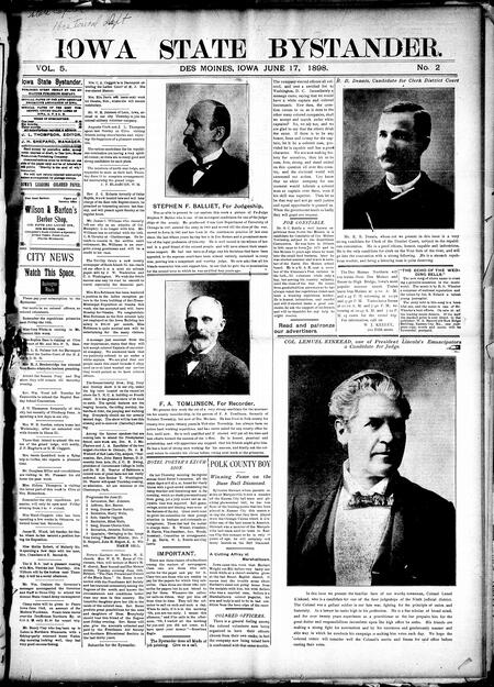 Iowa state bystander. volume 5, number 2, June 17, 1898