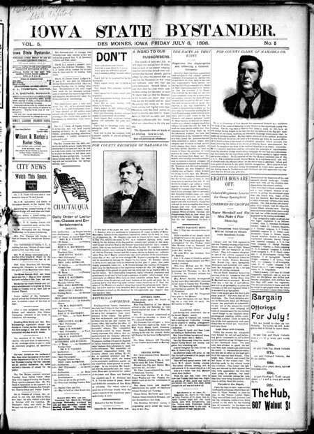 Iowa state bystander. volume 5, number 5, July 8, 1898