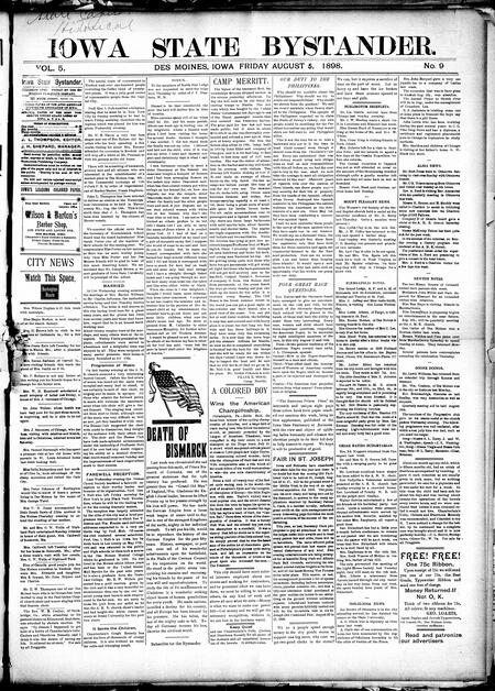 Iowa state bystander. volume 5, number 9, August 5, 1898