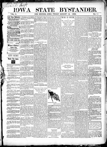 Iowa state bystander. volume 5, number 11, August 19, 1898