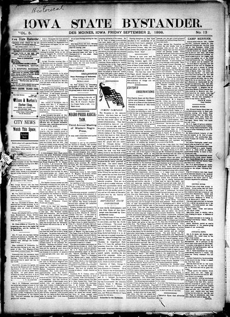 Iowa state bystander. volume 5, number 13, September 2, 1898