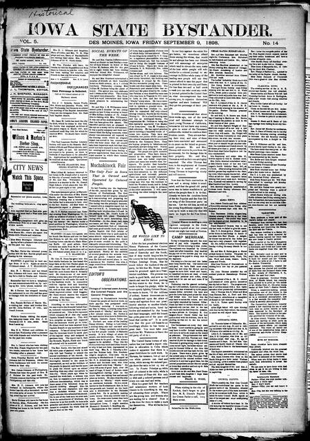 Iowa state bystander. volume 5, number 14, September 9, 1898