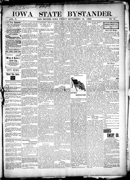 Iowa state bystander. volume 5, number 15, September 16, 1898
