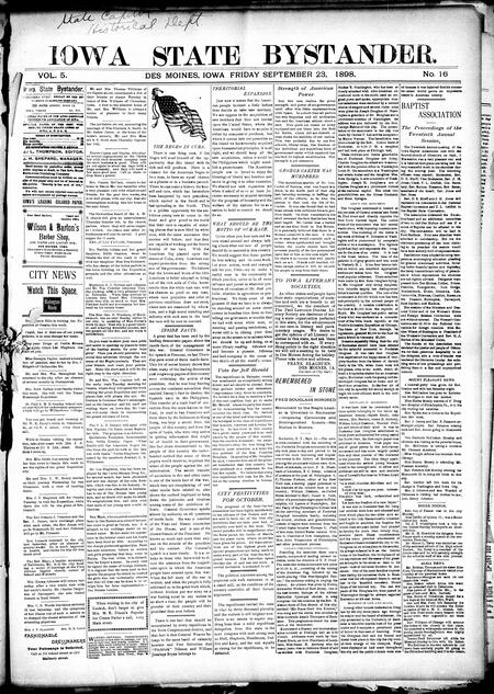 Iowa state bystander. volume 5, number 16, September 23, 1898