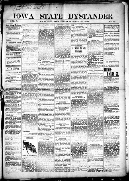 Iowa state bystander. volume 5, number 19, October 14, 1898