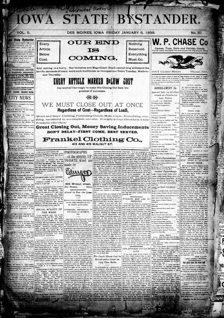 Iowa state bystander. volume 5, number 31, January 6, 1899