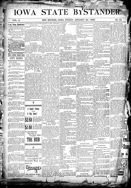 Iowa state bystander. volume 5, number 33, January 20, 1899