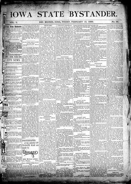 Iowa state bystander. volume 5, number 36, February 10, 1899