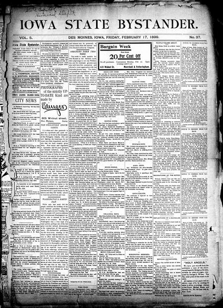Iowa state bystander. volume 5, number 37, February 17, 1899