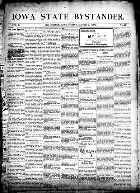 Iowa state bystander. volume 5, number 39, March 3, 1899