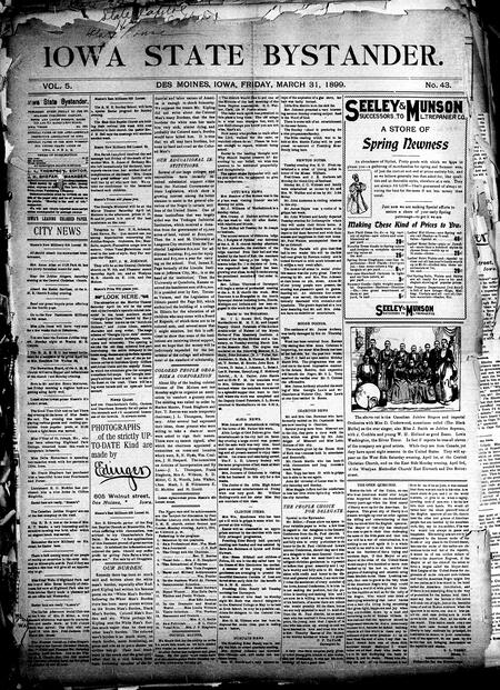Iowa state bystander. volume 5, number 43, March 31, 1899