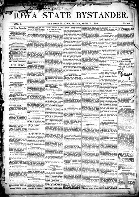 Iowa state bystander. volume 5, number 44, April 7, 1899