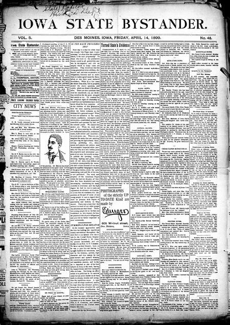 Iowa state bystander. volume 5, number 45, April 14, 1899