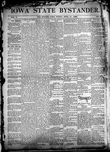 Iowa state bystander. volume 5, number 46, April 21, 1899