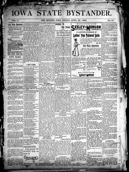 Iowa state bystander. volume 5, number 47, April 28, 1899