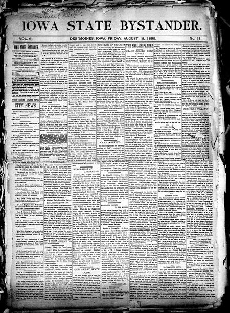 Iowa state bystander. volume 6, number 11, August 18, 1899