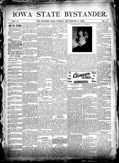 Iowa state bystander. volume 6, number 14, September 8, 1899