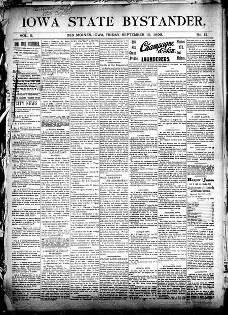 Iowa state bystander. volume 6, number 15, September 15, 1899
