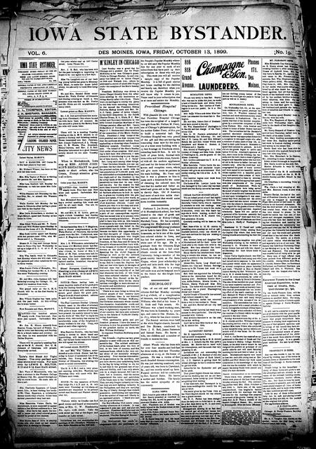 Iowa state bystander. volume 6, number 19, October 13, 1899