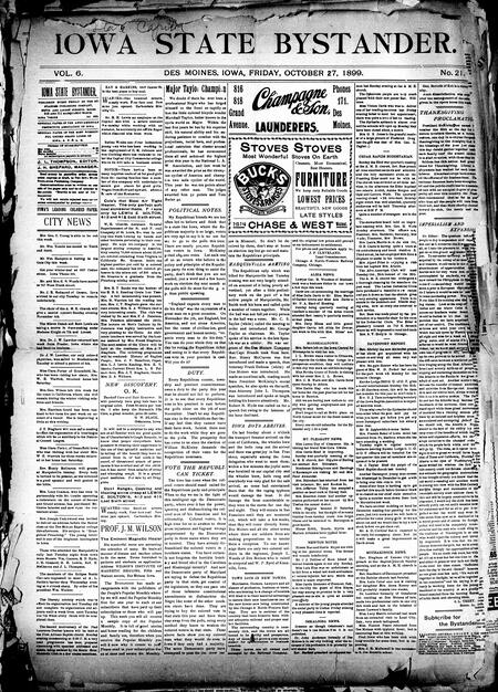 Iowa state bystander. volume 6, number 21, October 27, 1899