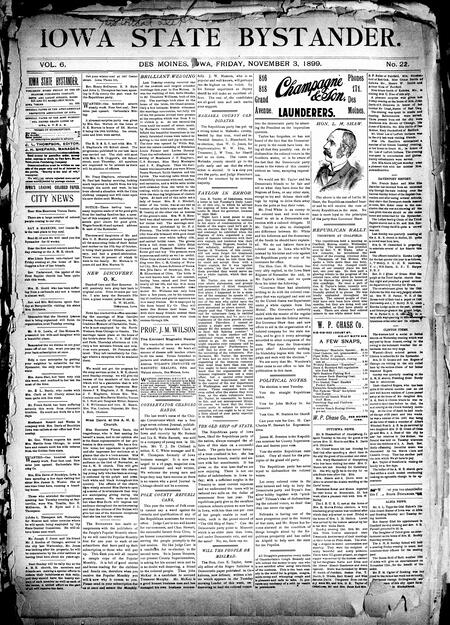 Iowa state bystander. volume 6, number 22, November 3, 1899