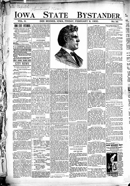 Iowa state bystander. volume 6, number 36, February 9, 1900