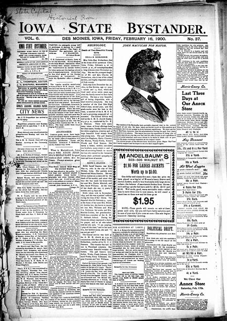 Iowa state bystander. volume 6, number 37, February 16, 1900