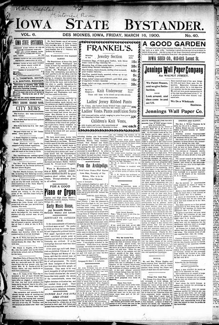 Iowa state bystander. volume 6, number 41, March 16, 1900
