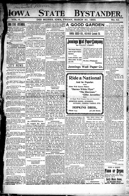 Iowa state bystander. volume 6, number 43, March 30, 1900