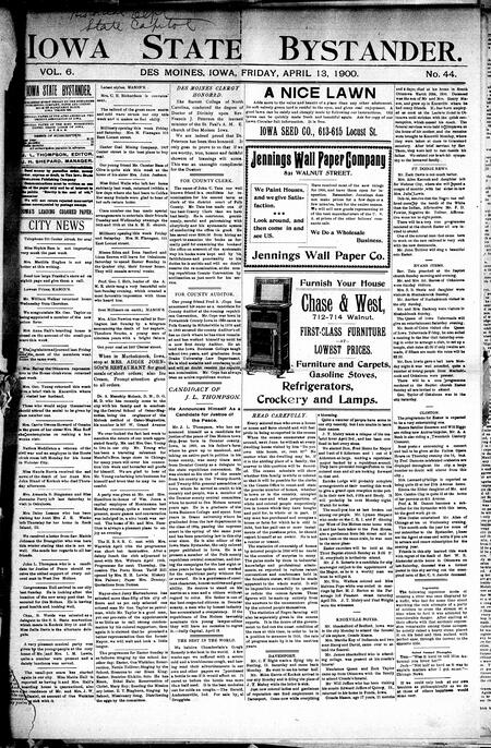 Iowa state bystander. volume 6, number 45, April 13, 1900