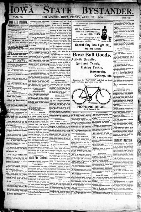 Iowa state bystander. volume 6, number 47, April 27, 1900